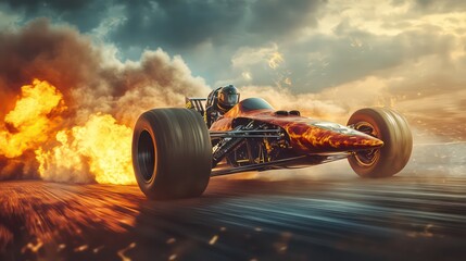 Fiery Dragster Launching with Intense Speed and Dramatic Sky