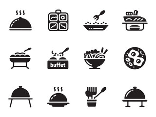 A set of black and white icons representing various buffet food items and service elements vector art on white