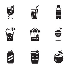 Collection of Black and White Refreshing Drinks and Food Icons, set of nine icons features various beverages and food, including cocktails, juices, energy drinks, kulfi, and a coconut drink vector art