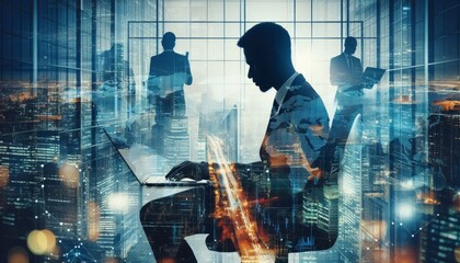 Business team in silhouette collaborating in modern corporate boardroom, double exposure cityscape

