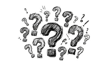Many sketched question marks in a cluster