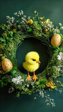 A whimsical Easter centerpiece featuring a baby duck sitting on a wreath of flowers, greenery and wooden eggs.