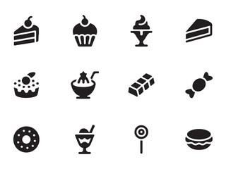 A set of black silhouette icons representing various sweet treats vector art on white