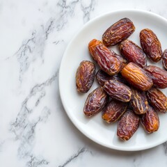 A delicious arrangement of dates on a white plate. The dates are arranged elegantly, hinting at their sweet, rich flavor