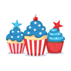Red White and Blue Cupcakes with Stars and Cherry Topping in Flat Vector Style

