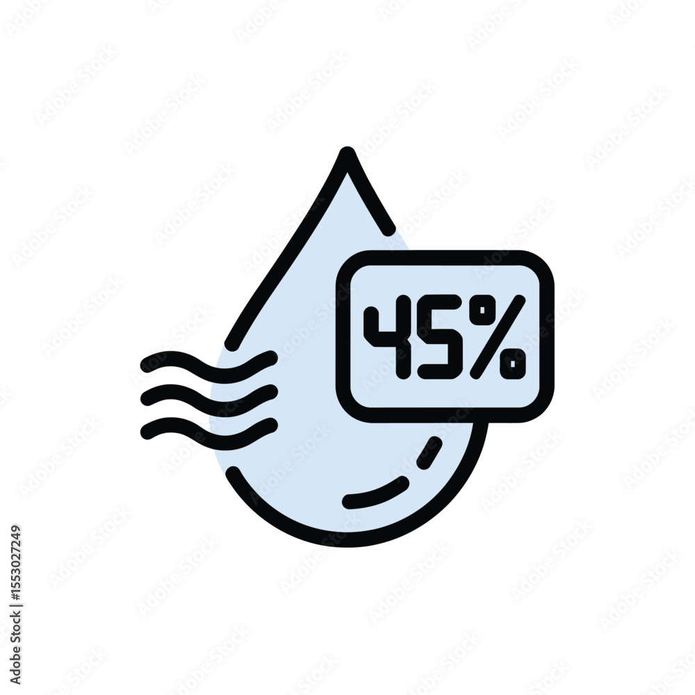 Poster light blue water drop icon with forty five percent humidity level indicator and wavy lines represent