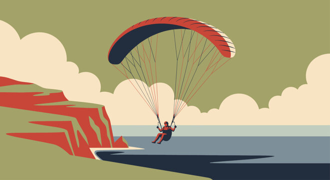 A paraglider soars above the ocean near a stunning cliffside on a bright, partly cloudy day. Vector illustration