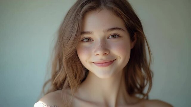 close  up face young Caucasian woman with no make up smiling peacefully at camera,  beauty skincare portrait theme 
