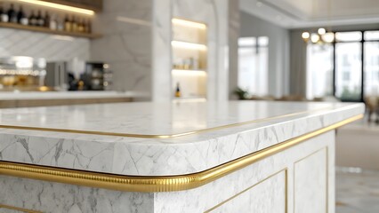 Luxurious marble kitchen island with elegant gold trim and modern lighting