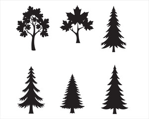 "Black Tree white Silhouette Icons Set – Vector Collection of Deciduous & Conifer Trees Isolated on White Background"