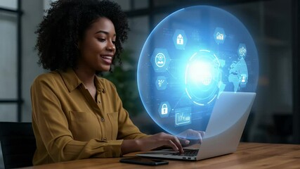 Woman working on laptop with digital interface overlays - Powered by Adobe