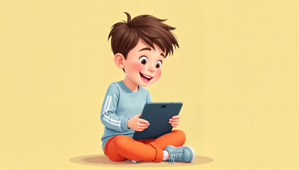 Happy young boy sitting on the floor using a tablet device  