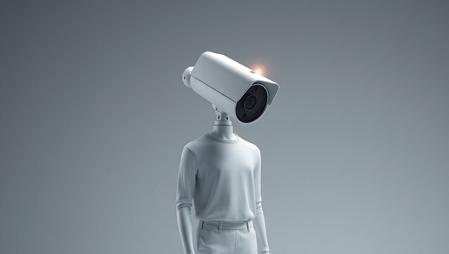 Surveillance Society: A surreal image of a person with a security camera for a head, symbolizing the pervasiveness of surveillance in modern society.