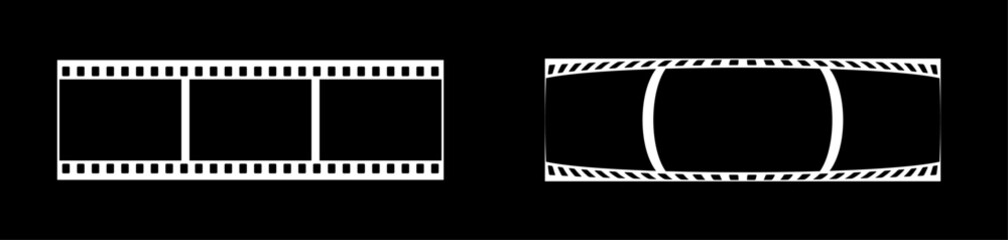Abstract 35mm fisheye style film strip vector decoration with 3 frames on black background. White film reel symbol illustration to use for photography, television, cinema, photo frame.