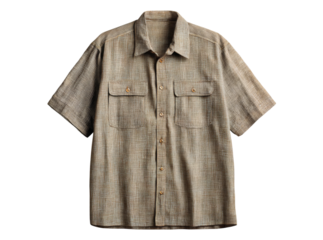 Mens beige short sleeve button down shirt casual wear, Isolated On Transparent Background