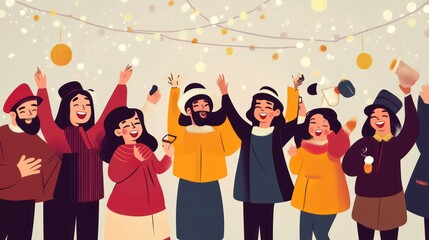 Festive gathering of diverse people celebrating under shimmering lights, joyfully raising their hands in unison.