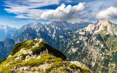 view of the Julian Alps from the peak of Zadnjiški Ozebnik