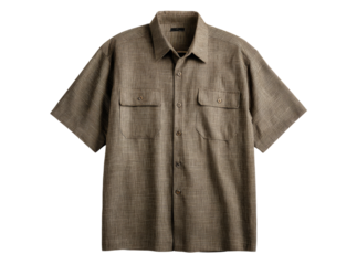 Mens casual short sleeve button down shirt khaki brown plaid, Isolated On Transparent Background