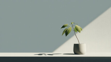 minimalist studio photograph featuring single plant in concrete pot positioned on left side of frame