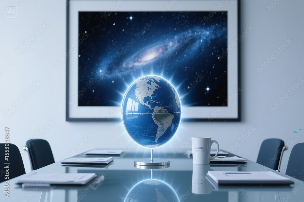Poster illuminated globe and galaxy artwork representing global vision and future concepts