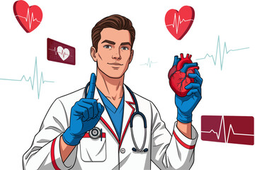 Medical illustration of a young doctor showing an educational anatomical heart, surrounded by ECG icons. Cardiologist Holding a Model of the Human Heart. Medical Illustration of Cardiovascular Prevent