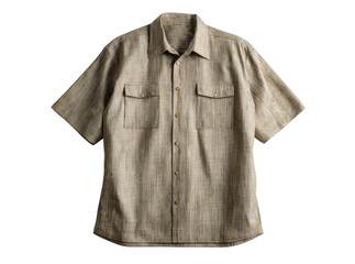 Mens beige linen short sleeve shirt casual button down top, Isolated On Transparent Background