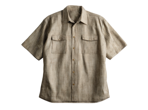 Mens beige linen short sleeve shirt casual button down top, Isolated On Transparent Background