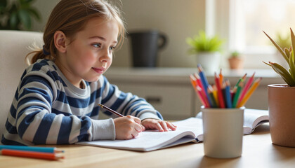 Young girl studying and taking notes at desk in cozy indoor setting  