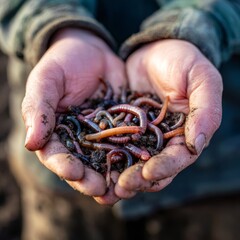 Close up shot of hands holding earthworms, emphasizing the connection with nature and soil health. Showing a handful of worms