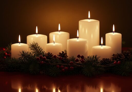 Warm glowing white candles arranged with pine branches and red berries creating a festive and cozy holiday atmosphere