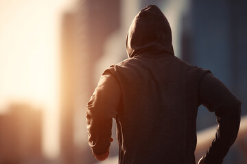 Man running through the city with casual clothes against the sunset