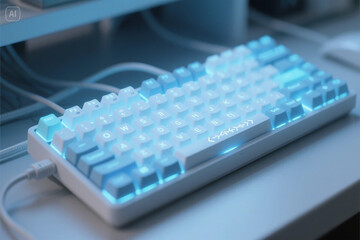 Illuminated white mechanical keyboard with blue backlighting for gaming or productivity