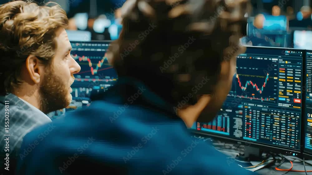 Poster high-tech setup with multiple screens displaying cryptocurrency and stock market data in a busy trad
