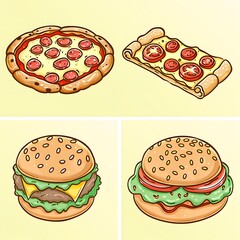 Delicious Assortment of Fast Food Cartoon Illustrations Showcasing Pizza and Burgers