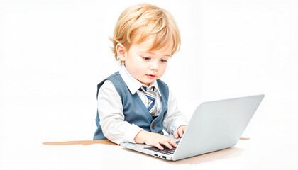 Young boy working on laptop while sitting at a desk in studio  