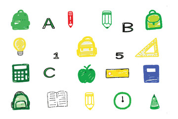 Backpack, Pencil, Apple, and ABC: Colorful hand-drawn school icons including backpacks, pencils, apples, an alphabet, and other learning tools. Perfect for education-themed designs.