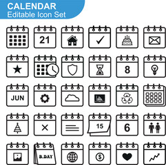 Minimal Flat Calendar Icon Set for Schedule, Planner, Reminder, Date, Time Management, Vector Graphic