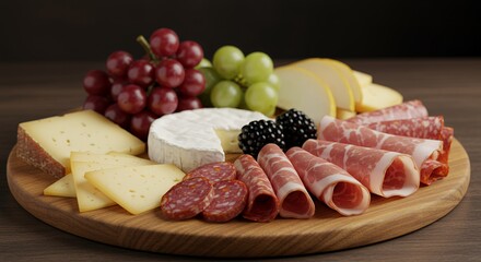 Indulge in this gourmet cheese and charcuterie board, a delightful spread of savory meats, cheeses, and fruits.