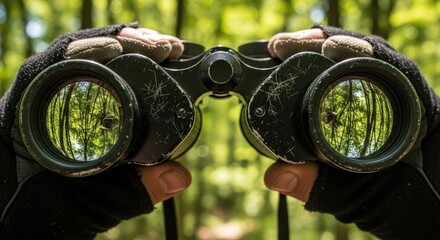Close Up of Hands Holding Binoculars with Forest Reflection in Lenses