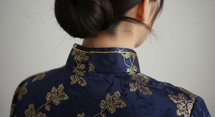 Close Up of Navy Blue Qipao Cheongsam with Golden Floral Embroidery Traditional Chinese Dress Rear View