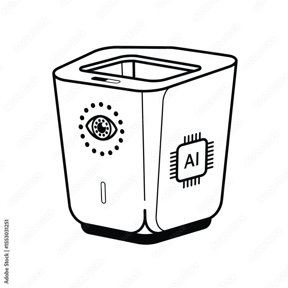 Poster line art illustration of a smart cube device featuring an eye icon and a i microchip symbol white ba