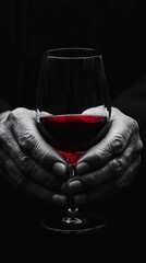 Hands holding a glass with red wine, abstract background. Culinary blogs, wine advertisements, restaurant menus.