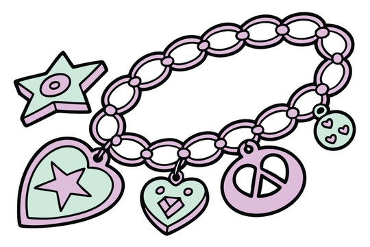 Flat design of a handcrafted charm bracelet with various decorative elements