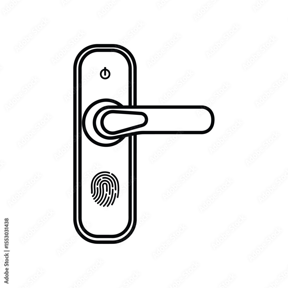 Poster line art illustration of a smart door handle with fingerprint scanner and power button biometric loc