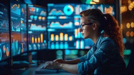 Woman in glasses working at a computer with graphs on screens. Suitable for illustrating work processes and analytics.