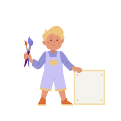 Cartoon cute boy artist holding paintbrush and canvas. Funny cartoon character. Concept of childrens art and design school