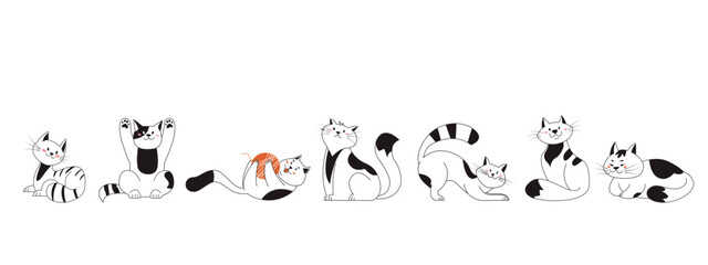 Cats lying, stretching, sitting, lying, relaxing and playing with ball of yarn. Cute purebred kittens in different poses. Pet animals funny set