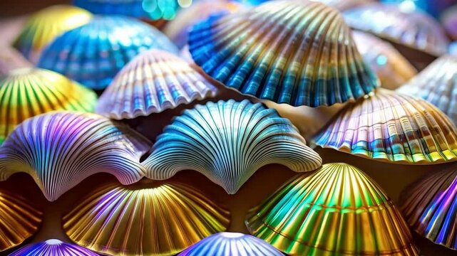Iridescent seashells arrangement, colorful shells creating textured surface, oceanic beach theme, beautiful light, artistic composition, nature patterns