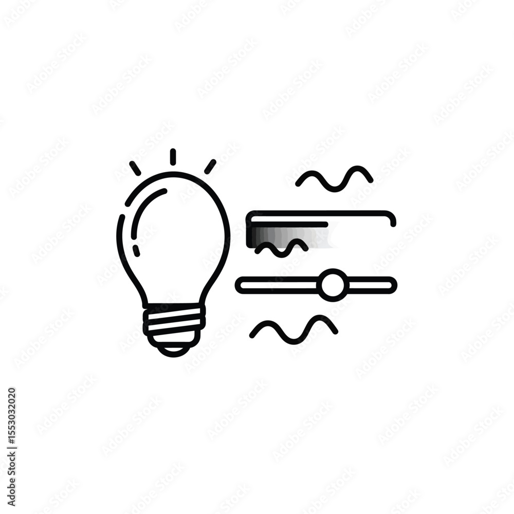Poster line art illustration of lightbulb idea with adjacent control sliders and wave patterns black and wh