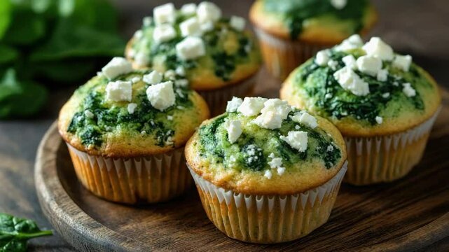 A batch of delicious spinach muffins topped with crumbled feta cheese, presented on a wooden tray for sale or consumption.